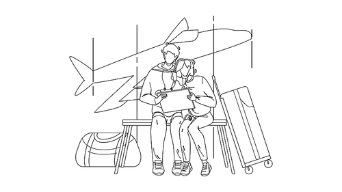 couple waiting flight in airport terminal black line pen drawing vector. young man and woman watching video on laptop with baggage luggage wait flight transportation. characters illustration