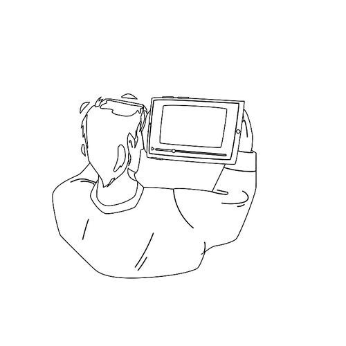 man watching video on tablet digital device black line pen drawing vector. young boy watching video on electronic gadget. character watch online movie stream or film on mobile media technology illustration