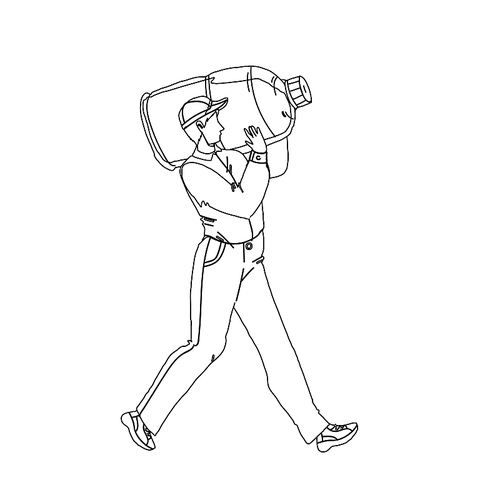 water delivery service worker carry bottle black line pen drawing vector. courier delivering water container to client. character man carrying fresh and healthy clean drink gallon illustration