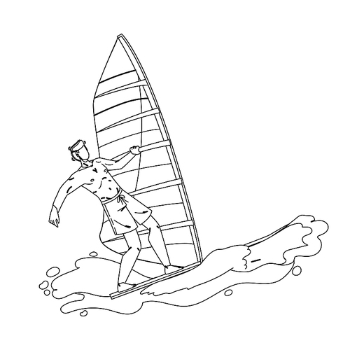 windsurfing man surfer athlete on wavy sea black line pen drawing vector. sportsman windsurfing on wave ocean water. character young boy riding windsurf active sportlife time lifestyle illustration