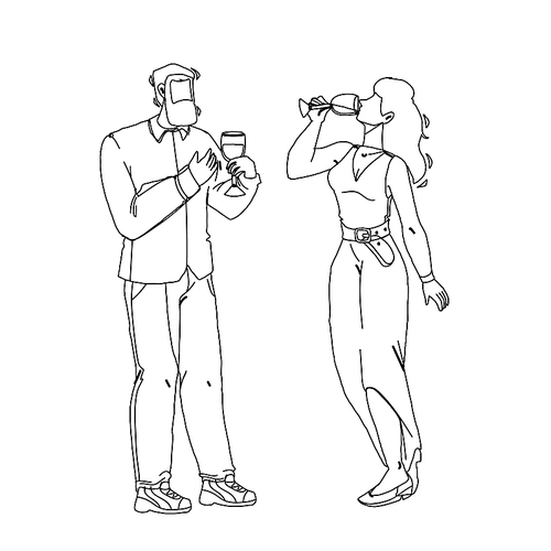 wine degustation sommeliers man and woman black line pen drawing vector. young boy and girl taste and drinking wine and smelling flavor of alcoholic grape beverage. characters with aromatic liquid illustration