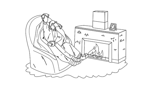 winter rest couple together near fireplace black line pen drawing vector. young man and woman wrapped in plaid relaxing on armchair and drinking hot drink, family winter rest. characters resting illustration