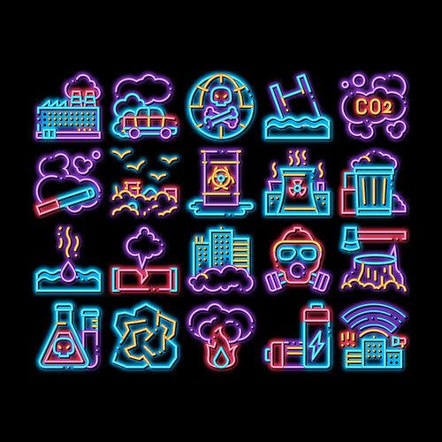 Pollution of Nature neon light sign vector. Glowing bright icon Environmental Pollution, Chemical, Radiological Contamination Pictograms. Gas, CO2 Emissions, Dirty Soil, Water, Air Illustrations