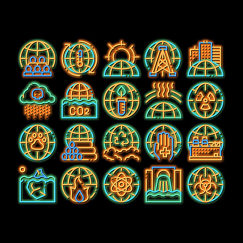 Environmental Problems neon light sign vector. Glowing bright icon Environmental Problem, Industrial Pollution, Contamination Pictograms. Greenhouse Effect, Global Warming, Climate Change Illustrations
