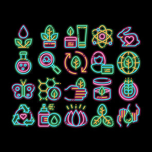 Organic Cosmetics neon light sign vector. Glowing bright icon Organic Cosmetics, Natural Ingredient Pictograms. Eco-friendly, Cruelty-free Product, Molecular Analysis, Scientific Research Illustrations