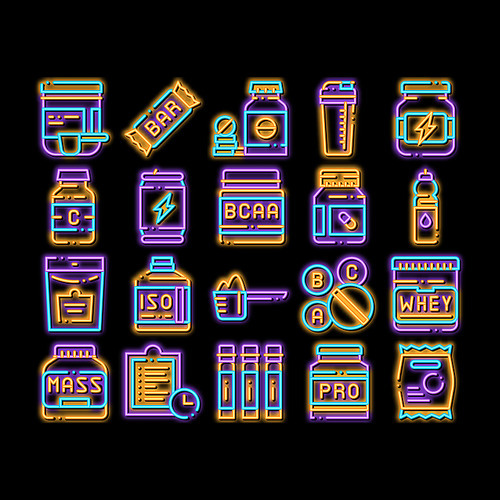 Sport Nutrition Cells neon light sign vector. Glowing bright icon Sport Nutrition for Sportsmen Pictograms. Dietary Nutrition, Protein Ingredients, Wheys, Bars for Bodybuilding Illustrations