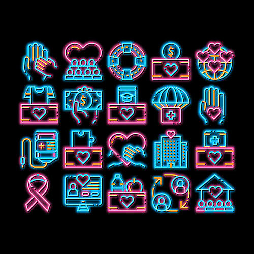 Volunteers Support neon light sign vector. Glowing bright icon Volunteers Support, Charitable Organizations Pictograms. Blood Donor, Food Donations, Financial Help, Humanitarian Aid Illustrations
