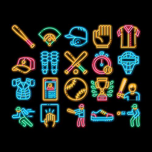 Baseball Game Tools neon light sign vector. Glowing bright icon Baseball Bat And Ball, Protection Helmet And Glove, Stopwatch And Cup Illustrations