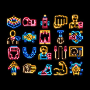 Boxing Sport Tool neon light sign vector. Glowing bright icon Boxing Glove And Shirts, Protection Helmet And Mouth Piece, Ring And Box Award Illustrations