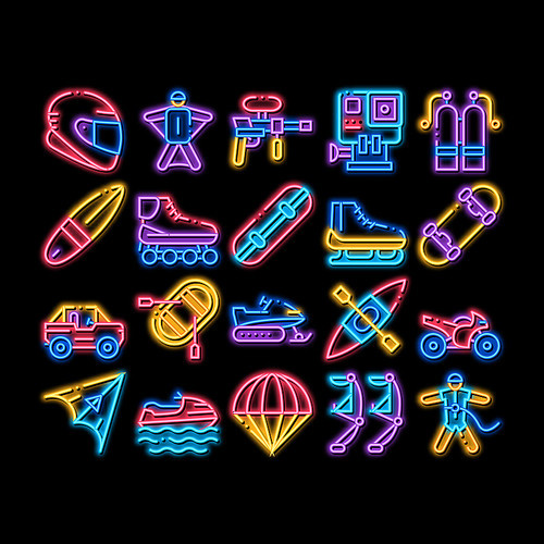 Extreme Sport Activity neon light sign vector. Glowing bright icon Bike And Crash Helmet, Parachute And Hang-glider Equipment For Extreme Active Illustrations