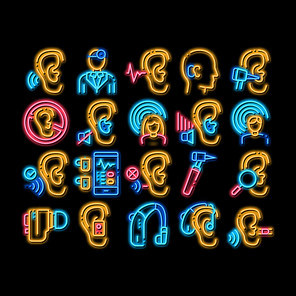 Hearing Human Sense neon light sign vector. Glowing bright icon Hearing Aid Device And Earphone. Doctor And Medical Equipment For Research Illustrations