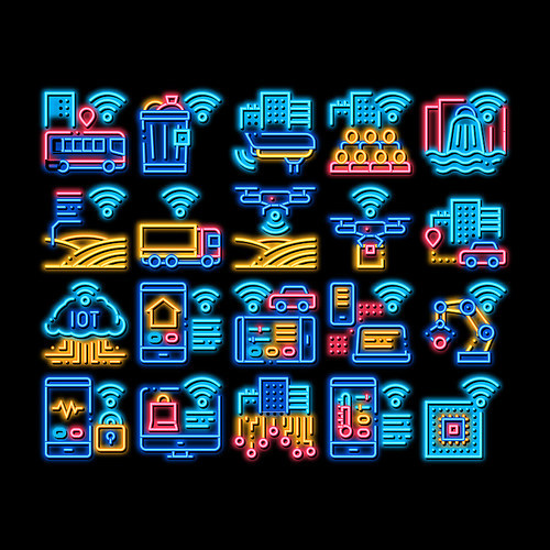 Internet Of Things IOT neon light sign vector. Glowing bright icon Wifi Signal In Bus And Truck, Cctv Camera And Drone Internet Of Things Illustrations