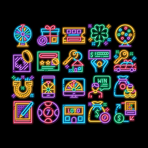 Lottery Gambling Game neon light sign vector. Glowing bright icon Human Win Lottery And Hold Check, Car Key And Money Bag, Fortune Wheel And Loto Illustrations