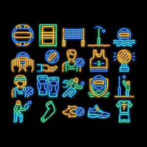Volleyball Sport Game neon light sign vector. Glowing bright icon Volleyball Ball In Water And Grid, Athlete Equipment And Sneaker Illustrations