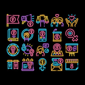 Feminism Woman Power neon light sign vector. Glowing bright icon Feminism Symbol On Flag And Gps Mark, Lesbians And Hand Hold Scales,  And Love Illustrations