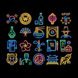 Korea Traditional neon light sign vector. Glowing bright icon Korea Flag And Wearing, Food And Drink, Palace Building And Gong, Fan And Lantern Illustrations