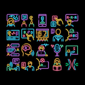 Speech Therapist Help neon light sign vector. Glowing bright icon Speech Therapist Therapy, Alphabet And Blackboard, Phone And Microphone Illustrations