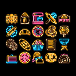 Bakery Tasty Food neon light sign vector. Glowing bright icon Bakery Cake And Bread, Pie And Donut, Cookie And Croissant, Wheat And Flour Illustrations