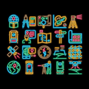 Topography Research neon light sign vector. Glowing bright icon Topography Equipment And Device, Compass And Calculator, Satellite And Phone, Drone Illustrations