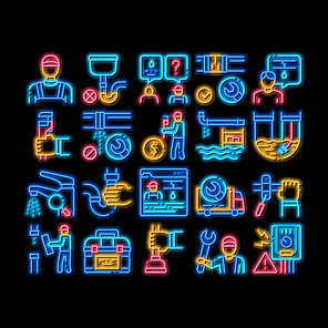 Plumber Profession neon light sign vector. Glowing bright icon Plumber Worker And Equipment, Faucet And Pipe Research, Instrument Case For Fixing Illustrations