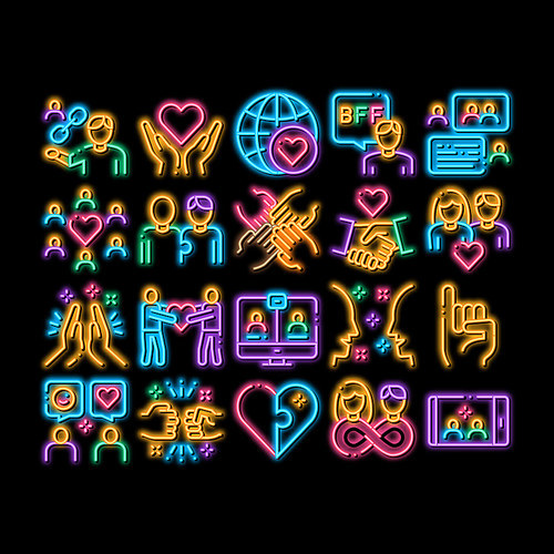Friendship Relation neon light sign vector. Glowing bright icon Handshake And Friendship Gesture, Love And Partnership, Internet Communication Illustrations