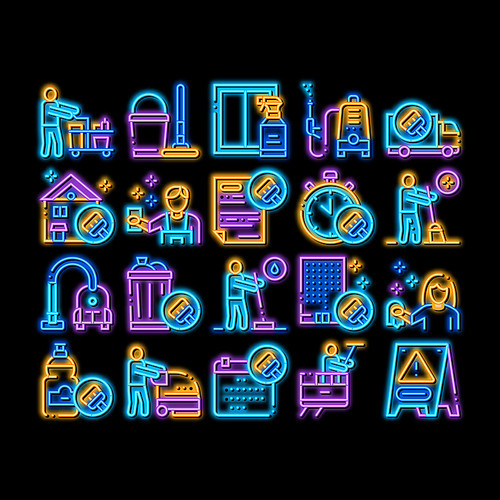 Cleaning Service Tool neon light sign vector. Glowing bright icon Liquid For Clean Window And Wash Floor, Vacuum Cleaner And Bucket Cleaning Service Illustrations
