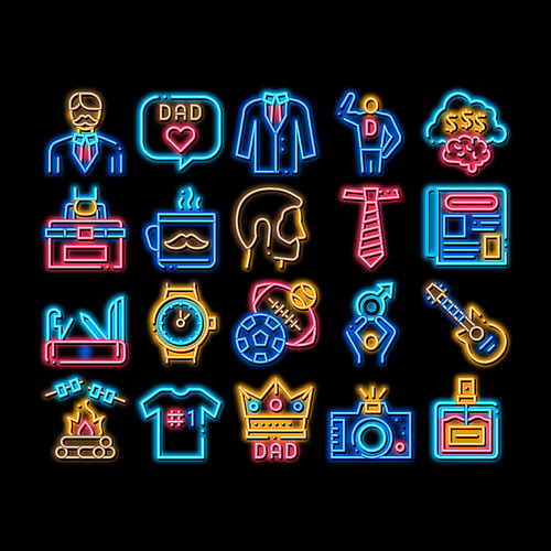Dad Father Parent neon light sign vector. Glowing bright icon Dad With Beard And Office Working Place, Guitar And Photo Camera, Crown And Perfume Bottle Illustrations