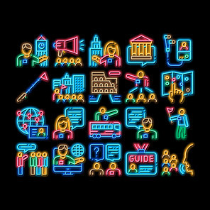 Guide Lead Traveler neon light sign vector. Glowing bright icon Bus And Media Player Guide, Badge And Loudspeaker, Speak And Show Landmark Tourism Illustrations