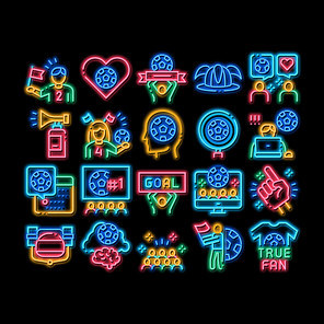 Soccer Fan Attributes neon light sign vector. Glowing bright icon Soccer Fan Hat And Glove In Hand Form, Heart And Air Beeper, T-shirt And Goal Nameplate Illustrations