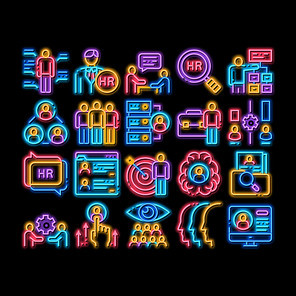 Hr Human Resources neon light sign vector. Glowing bright icon Hr Management And Research, Strategy And Interview, Brainstorm And Disscusion Illustrations