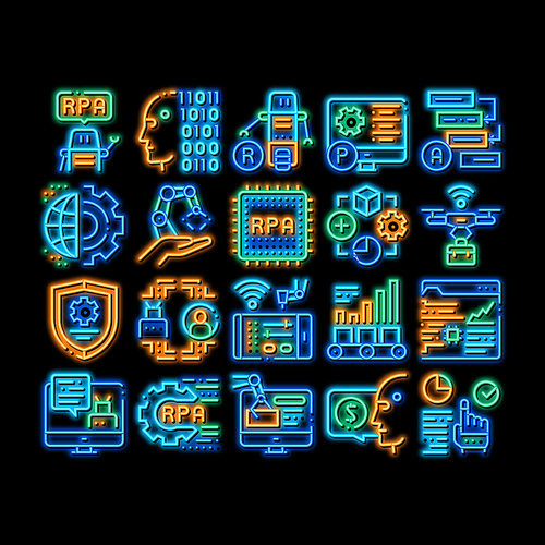 Rpa Cyber Technology neon light sign vector. Glowing bright icon Rpa Robotic Process Automation, Drone Delivering And Processor Chip, Robot Arm And Hand Illustrations