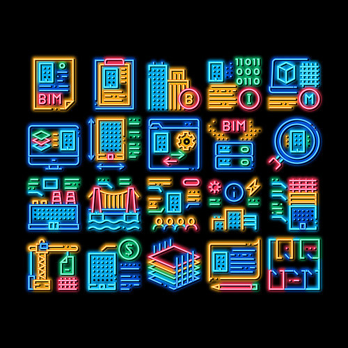 Bim Building Information Modeling neon light sign vector. Glowing bright icon Building Document And Plan, Research And Build Construction, Bridge And Apartment Illustrations