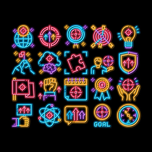 Goal Target Purpose neon light sign vector. Glowing bright icon Goal Aim On Planet And Lightbulb, Atom And Flag, Calendar And Medal Award Illustrations
