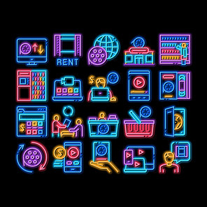Renting Movies Service neon light sign vector. Glowing bright icon Renting Movies Store, Internet OnWatching And Download, Compact Disk And Reel Illustrations