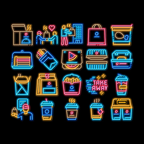 Take Away Food And Drink Delivery neon light sign vector. Glowing bright icon Cooked Pizza And Chicken Box, Tea And Coffee Cup, Take Away Illustrations