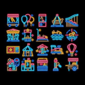 Amusement Park And Attraction neon light sign vector. Glowing bright icon Castle And Train, Electrical Car And Boat, Ticket And Air Balloon Attraction Illustrations