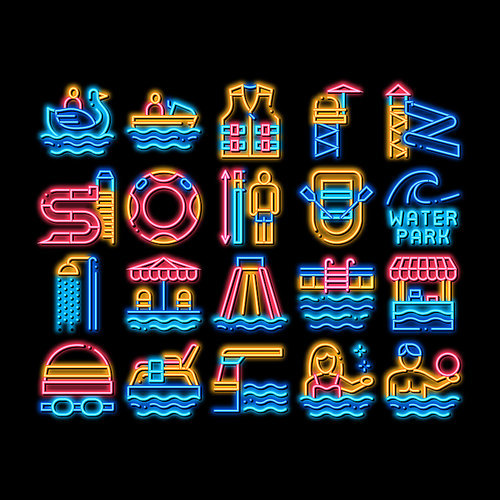 Water Park Attraction neon light sign vector. Glowing bright icon Swimming Wear And Equipment, Life Jacket And Lifebuoy, Boat And Water Park Pool Illustrations