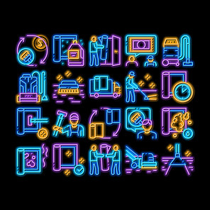 Carpet Cleaning Washing Service neon light sign vector. Glowing bright icon Dusty And Dirty Carpet And Floor Vacuum Cleaner Equipment, Brush And Broom Illustrations