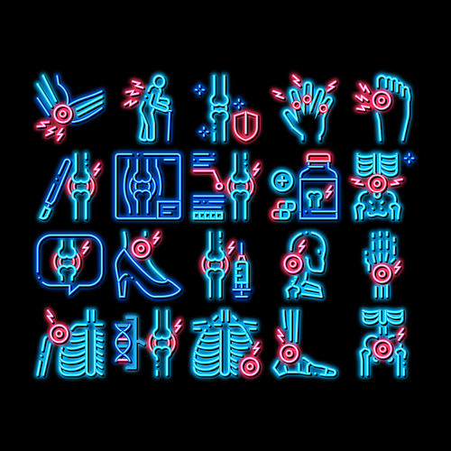 Arthritis Disease neon light sign vector. Glowing bright icon Arthritis Symptoms And Treatments, Pain In Joints And Back, Neck And Knee, Fingers And Ribs Illustrations