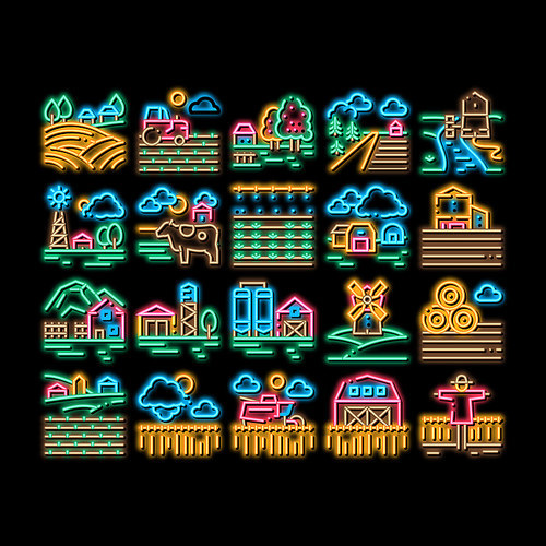 Farming Landscape neon light sign vector. Glowing bright icon Farming Field And Barn Construction, Mill And Scarecrow, Tractor And Cow Farm Animal Illustrations