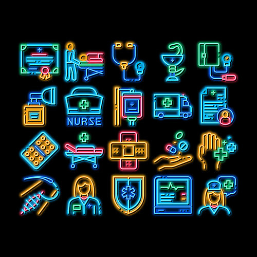Nurse Medical Aid neon light sign vector. Glowing bright icon Nurse Hat And Stethoscope, Pulse Cardiogram And Patch, Suturing Wounds And Inhaler Illustrations