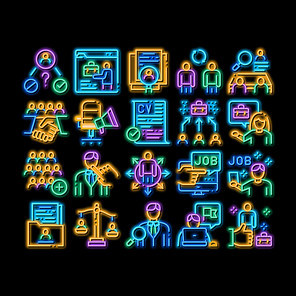 Recruitment And Research Employee neon light sign vector. Glowing bright icon Curriculum Vitae Cv And Professional Career, Interview And Recruitment Illustrations