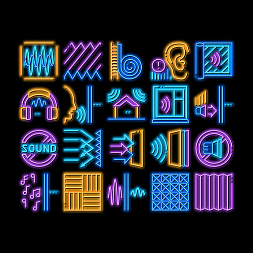 Soundproofing Building Material neon light sign vector. Glowing bright icon Of Soundproofing Windows And Roof, Wall Insulation And Floor Covering Illustrations