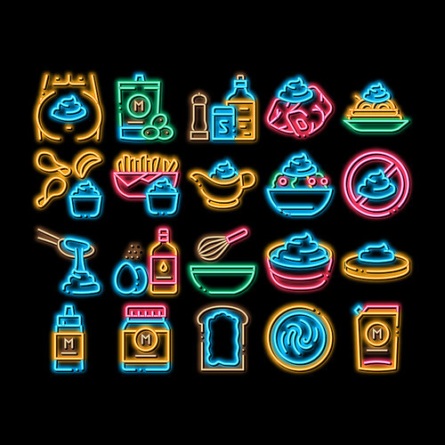 Mayonnaise Spice Sauce neon light sign vector. Glowing bright icon Mayonnaise Bottle And Preparing In Bowl With Mixer, Fry Potato And Meal Illustrations
