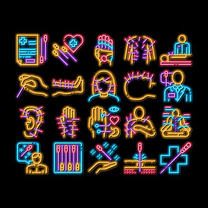 Acupuncture Therapy neon light sign vector. Glowing bright icon Human Head And Hand, Ear, Face And Body Acupuncture, Doctor And Patient, Needles Tool Illustrations
