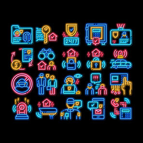 Security Agency Property Protect neon light sign vector. Glowing bright icon Security Agency Service Video Monitoring Cctv And Car With Alarm Signal, Safe And Badge Illustrations