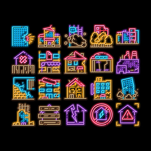 Broken House Building neon light sign vector. Glowing bright icon Crashed And Abandoned Building, Demolition Damaged Construction And Plant, Illustrations