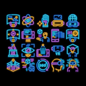 Simulation Equipment neon light sign vector. Glowing bright icon Virtual Reality Vr Glasses And Simulation Device, 360 Degree View And Rotation Arrows Illustrations