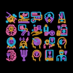 Psychotherapy Help neon light sign vector. Glowing bright icon Handshake And Brain, Psychotherapist And Patient, Psychotherapy Treatment Illustrations