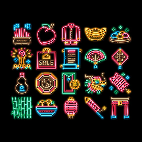 Chinese New Year Feast neon light sign vector. Glowing bright icon Chinese Traditional Hat And Clothes, Dragon And Gate, Lantern And Fireworks Illustrations